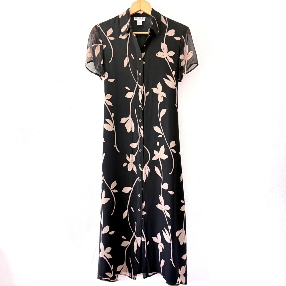 Robbie Bee Dress Womens 4P Black Tan Floral Silk Button Front Midi Shirt Dress - Picture 7 of 7